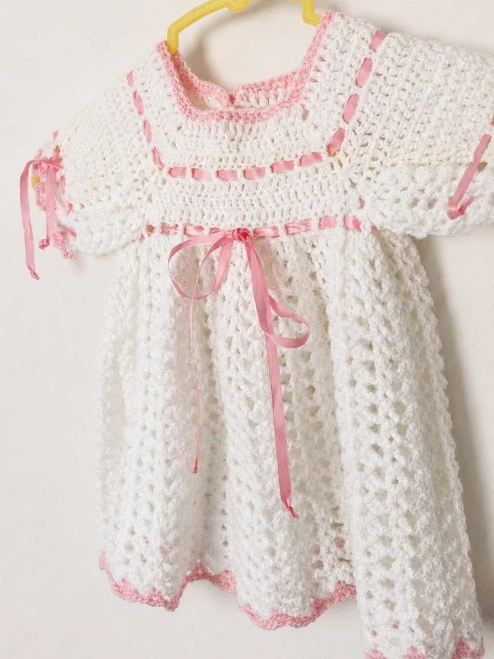 Vintage Hand Crocheted Baby Dress White Pink Ribbon Heirloom 3-6 Months